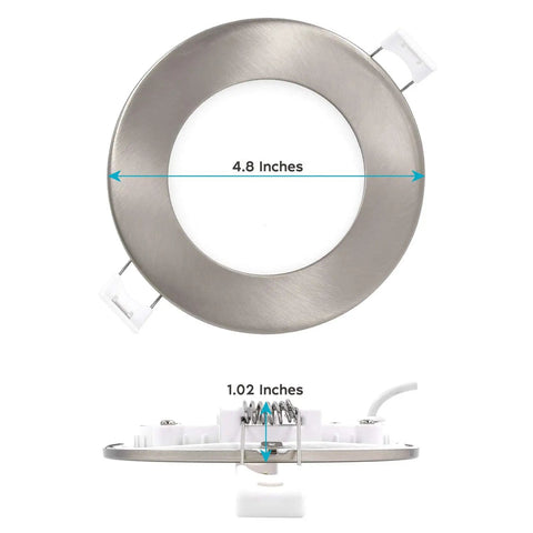 Ultra Thin 4 Inch LED Recessed Light with J Box, 10W Dimmable Wafer Lights, 750 Lumens, Brushed Nickel Finish dimension view