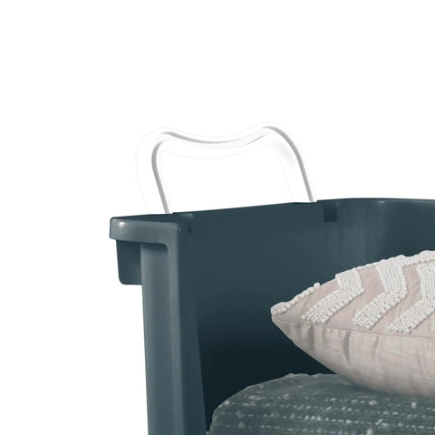 Slick And Hella Spacious Open Front Stackable Storage Basket With Fold Over Handles Galactic Teal Plastic Organizer Bin side view with cushions inside.