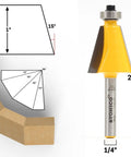 Bevel Edge Router Bit Set With Five Bits And Quarter Inch Shank For Precise Miter Joints, 15 degree chamfer diagram and use example
