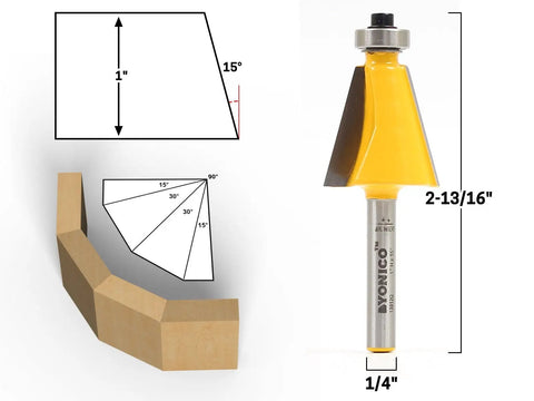 Bevel Edge Router Bit Set With Five Bits And Quarter Inch Shank For Precise Miter Joints, 15 degree chamfer diagram and use example