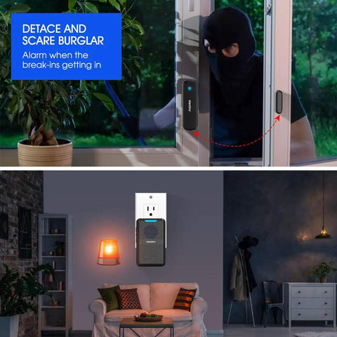 Wide Range Dope Wireless Door Chime System With 600 Ft Coverage, Two Magnetic Door Sensors, One Plug In Receiver shown in action