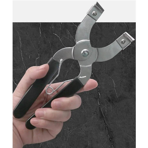 Pro Grade Piston Ring Pliers Kit With Ring Installer and Removal Tool held in hand, showing close-up of stainless steel construction.
