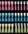 Rock-solid 100 Piece Electrical Spade Wire Connector Kit Featuring Durable Heat Shrink Male And Female Tips For All Your Wiring Jobs With Super Secure Grip. assorted heat shrink spade wire connectors in pink, blue, and yellow