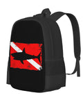 Vintage Shark Scuba Dive Flag Backpack For Unisex, lightweight polyester with HD shark print, black with side mesh pockets