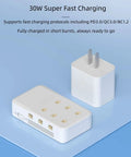 30W super fast charging station with six port 1S LiPo battery charger for FPV drones, PH2.0 and BT2.0 ports, shown on blue surface