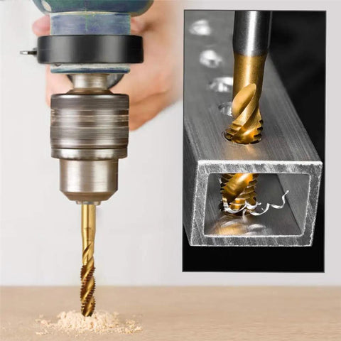 Drill with Pro Grade Titanium Spiral Flute Machine Screw Tap Set in action cutting metal with burr-free chip clearance.