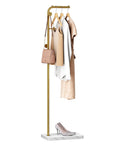 Gold Metal Coat Rack With 3 Hooks, L Shaped Freestanding Coat Tree For Entryway Or Corner with clothes, purse, and shoe.