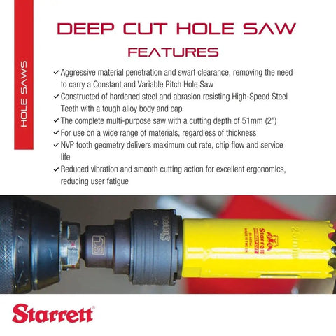 Bi Metal Deep Cut Hole Saw With Arbor And Abrasion Resistant HSS Teeth For Quick Cuts Through Metal Steel And Wood One Five Sixteen Inch Diameter Two Inch Depth Model ADCH0156 attached to a power drill