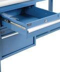 Heavy Duty Production Workbench With 72 Inch Wide By 30 Inch Deep One And A Quarter Inch Thick ESD Laminate Safety Edge 5000 Pound Capacity Blue Assembly Required showing open blue drawer