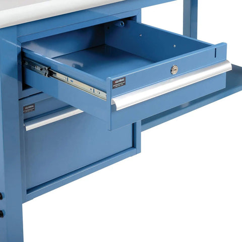 Heavy Duty Production Workbench With 72 Inch Wide By 30 Inch Deep One And A Quarter Inch Thick ESD Laminate Safety Edge 5000 Pound Capacity Blue Assembly Required showing open blue drawer