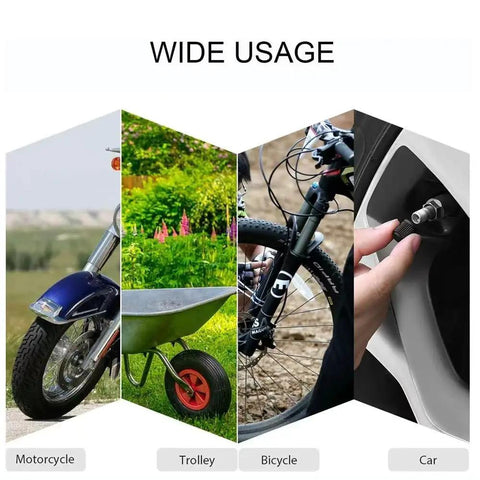 Collage showing usage of 16 Pack Tire Valve Stem Caps With Upgraded Sealing Ring For Cars SUVs Motorbikes Trucks Bikes Black Durable Plastic Universal Fit No Air Leakage On All Vehicles on motorcycle, trolley, bicycle, and car.