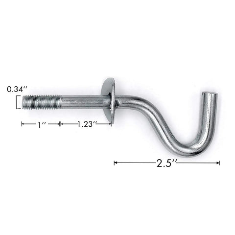 Zinc-plated hammock hook with dimensions labeled, part of the Beefy Heavy Duty Replacement Hammock Hooks Zinc Plated 3/8 Inch Thick 4 3/4 Inch Long