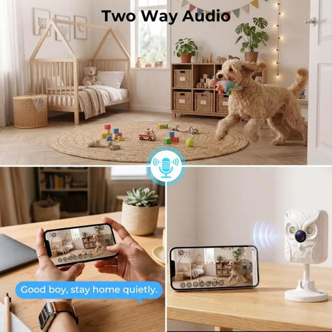 Keep Your Place Secure Hella Sharp 2K Indoor Camera With Full Color Night Vision And Dual Band Wifi For Pet Watching And Baby Monitoring With Two Way Audio And Motion Alerts showing interactive pet monitoring.