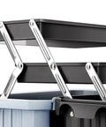 Heavy Duty Three Tier Folding Toolbox With Secure Steel Latch And Slick Compartments For Hammers Pliers Screwdrivers Wrenches showing folding trays and metal connectors.