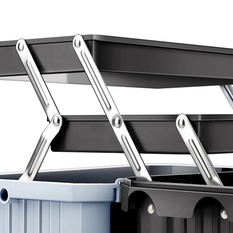 Heavy Duty Three Tier Folding Toolbox With Secure Steel Latch And Slick Compartments For Hammers Pliers Screwdrivers Wrenches showing folding trays and metal connectors.