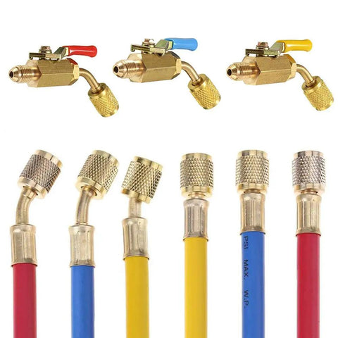 60 Inch Refrigerant Charging Hose With Ball Valve For R134A R12 R22 R502 R404 HVAC Manifold Gauge 1/4 Inch Threads 3 Color Coded Red Yellow Blue Set Of 3, 600 PSI Working, 3000 PSI Burst, Easy Install, Must Have For DIY Pros.
