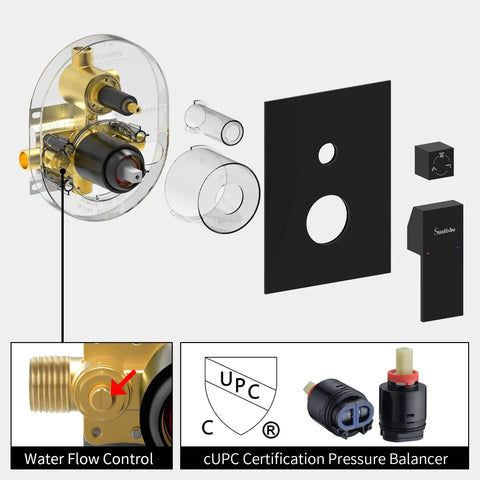 Components of Badass Matte Black Waterfall Bathtub Faucet Set With Handheld Shower, showing brass valve and wall mount diverter.