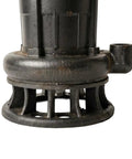 Close-up of submersible grinder pump for wastewater with built-in debris macerator system and rugged black material.