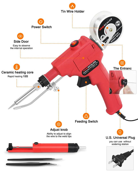 One Hand Soldering Iron Kit With Automatic 60W Solder Gun Desoldering Pump Tweezers And Wires For Jewelry Making DIY Projects Circuit Board Repair And Small Car Repairs Fast Heat Up And Easy To Use showing red solder gun with parts labeled