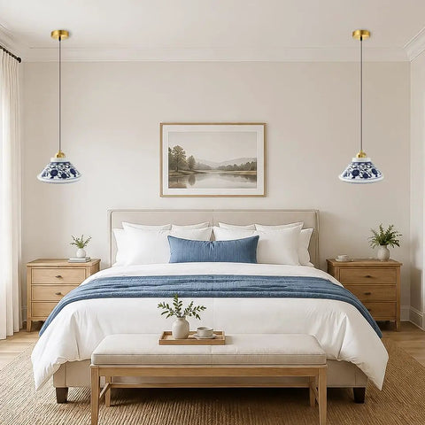 SIMEESO Ceramic Pendant Light,Chinese Blue and White Porcelain Pendant Lamp in bedroom, vintage style hanging lamp.