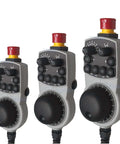 Three Pro Grade Hand Wheel HBA-098110 114249 controllers for CNC machines with smooth knobs and ergonomic grip.