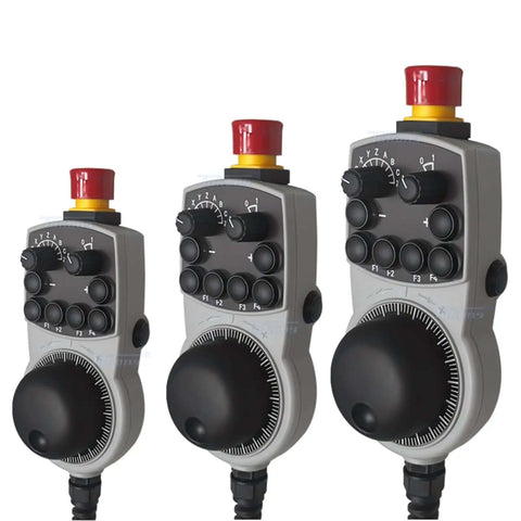 Three Pro Grade Hand Wheel HBA-098110 114249 controllers for CNC machines with smooth knobs and ergonomic grip.