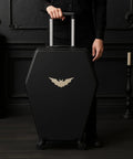 Coffin Shaped Carry On Luggage With Lock 26 Point 5 Inch Gothic Hard Shell Spinner Suitcase In Black with handle extended.