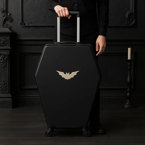 Coffin Shaped Carry On Luggage With Lock 26 Point 5 Inch Gothic Hard Shell Spinner Suitcase In Black with handle extended.