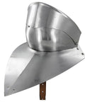Bevor Armor In 16 Gauge Steel With Polished Finish, side view showing full face protection and leather strap for LARP and costumes.
