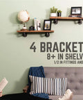 Hella Sturdy Industrial Pipe Shelf Brackets Six Inch Four Pack Wall Mounted Double Flange with displayed shelves and rustic decor.