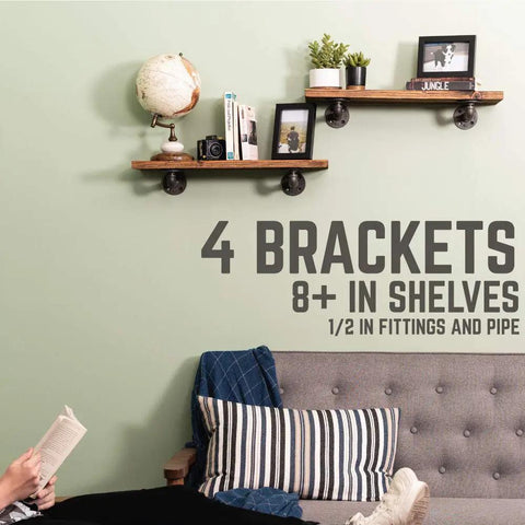 Hella Sturdy Industrial Pipe Shelf Brackets Six Inch Four Pack Wall Mounted Double Flange with displayed shelves and rustic decor.