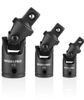 Flexible Universal Joint Socket Adapter Set For Multi Angle Access Includes One Quarter Inch, Three Eighths Inch And One Half Inch Drives Crafted From CR-V Steel With Black Phosphate Finish Built Tough For Lasting Corrosion Resistant Performance displayed upright