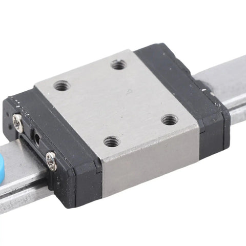 Close-up of Miniature Linear Rail 7mm Wide Slide Block for 3D printer and CNC machines, showing steel construction and block details