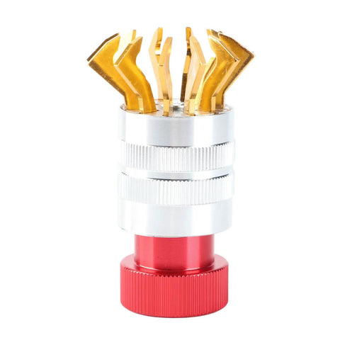 Close-up of All Metal Watch Crystal Remover Set With Dust Blower Pump Pocket Tool Hand Press Lifter And Puller Plunger, silver and red body