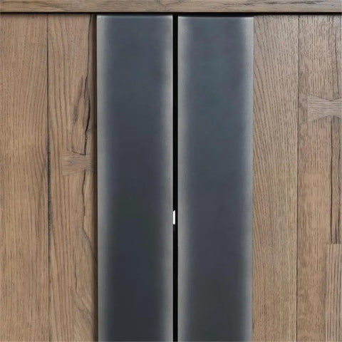 Top Tier 94 Inch Reclaimed Oak Wood Sideboard Buffet Cabinet Magnetic Doors close up view of magnetic latches.