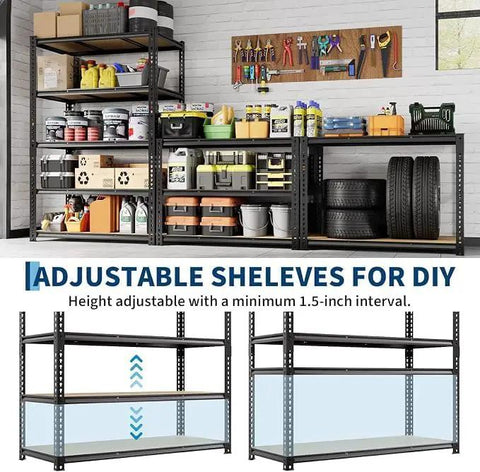 Straight Up Heavy Duty 5 Tier Metal Storage Shelf With Rock Solid Wood Boards And 650 Pound Capacity Badass Garage Rack No Sweat Boltless Design showcasing adjustable shelves filled with tools and storage containers.