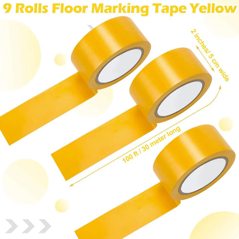 9 Roll Floor Marking Tapes Pack, 2 Inch Wide by 100 Feet Yellow Durable Non Abrasive PVC Safety Tape for Social Distancing