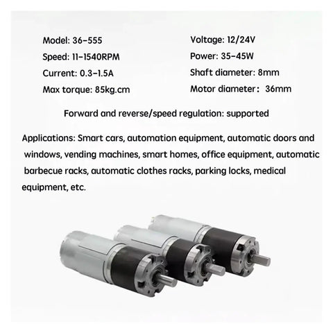 DC Planetary Gear Motor 36-555 Miniature Low Speed Adjustable 12V/24V Permanent Magnet Motor With Center Output Shaft 571 RPM