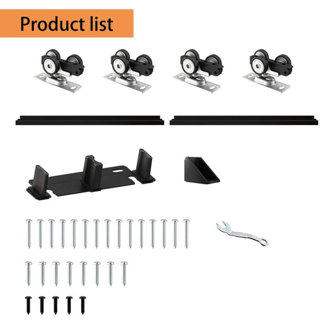 Heavy Duty Bypass Sliding Closet Door Track Set 72 Inch Aluminum Pocket Rail parts, wheels, tracks, hardware, and wrench