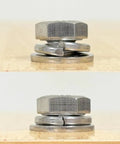 Acorn nut and lock washer pair demonstrating secure fastening with 100-Piece M6 Stainless Steel Spring Lock Washer Set For Rock Solid Fastening And Vibration Resistance, Corrosion-Resistant 304 Grade Washers For Auto, Bike, Machinery, Furniture, And Home Projects.