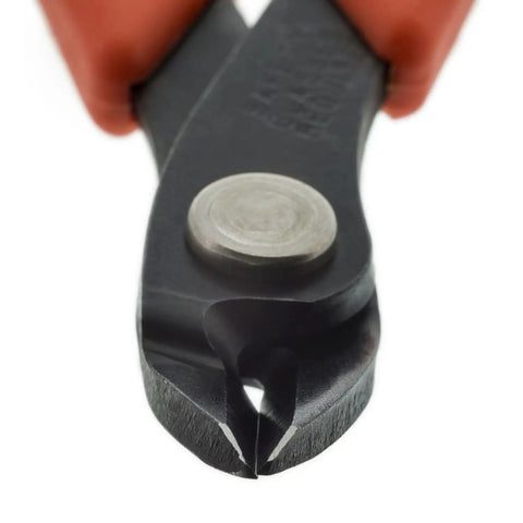 Close-up of Maxi Shear Flush Cutter Red Premium Pack Heavy Duty Wire Cutter for Soft Wire Up To 12 AWG, showing micro-shear blade.