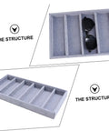 Smooth Six Grid Eyewear Display Holder And Jewelry Storage Plate Featuring A Zero Hassle Clear Cover Soft Lined Tray for sunglasses, showing grey fabric compartments.