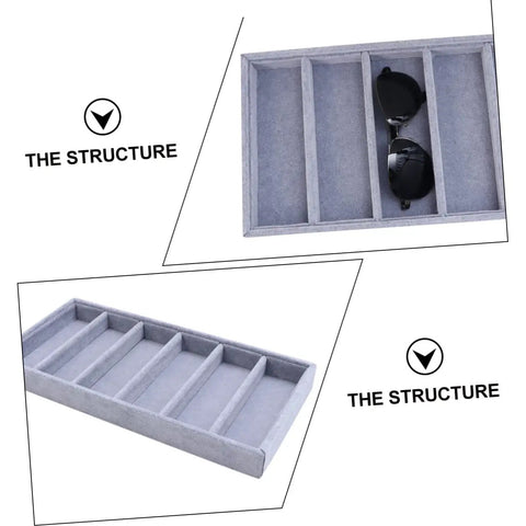 Smooth Six Grid Eyewear Display Holder And Jewelry Storage Plate Featuring A Zero Hassle Clear Cover Soft Lined Tray for sunglasses, showing grey fabric compartments.