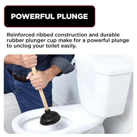 Heavy Duty Toilet Plunger With 18 Inch Wooden Handle Ultra Strong Suction Cup Rubber For Quick Clog Fixes Of Toilets And Drains