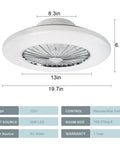 Image of Modern LED Ceiling Fan With Lights 20 Inch Flush Mount Dimmable Remote Low Profile Seven Invisible Blades with dimensions.