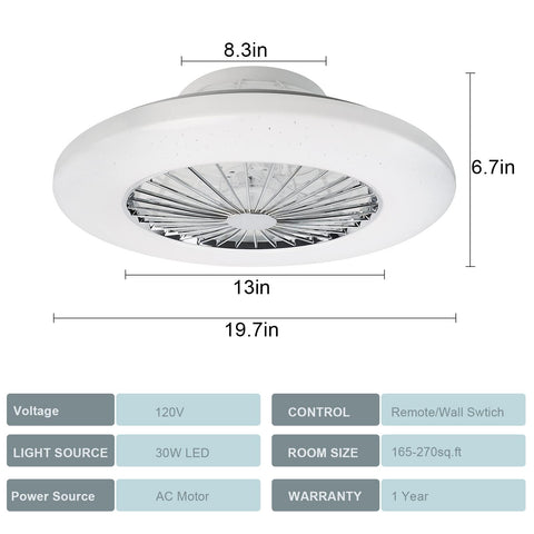 Image of Modern LED Ceiling Fan With Lights 20 Inch Flush Mount Dimmable Remote Low Profile Seven Invisible Blades with dimensions.