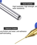 Close-up of Tiny But Mighty 0.35mm Titanium Coated Carbide Micro Drill Bit Set showing solid carbide and titanium-coated tip.