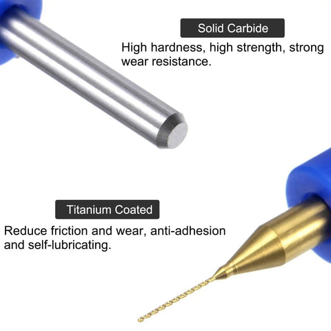 Close-up of Tiny But Mighty 0.35mm Titanium Coated Carbide Micro Drill Bit Set showing solid carbide and titanium-coated tip.