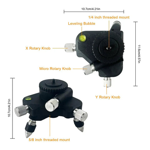 Rock Solid Laser Level Adapter Base Featuring Dead On 360 Micro Adjustment Slick Rotary Knobs And Built In Bubble Works With 1 4 And 5 8 Inch Mounts Heavy Duty No Fuss Setup Tool showing detailed knobs and mounts.