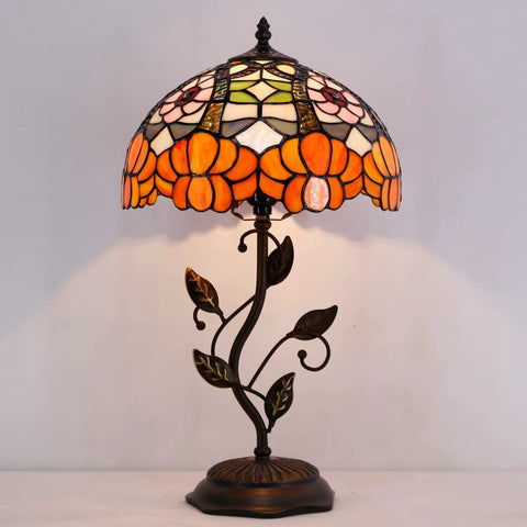 Orange Flower Tiffany Style Stained Glass Table Lamp With Bronze Metal Leaf Base 12 Inch Lampshade 19 Inch Overall Totally Lit Desk Bedside Reading Light For Bedroom Living Room Decor
